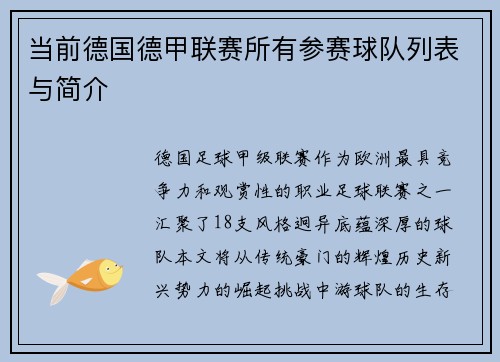 当前德国德甲联赛所有参赛球队列表与简介
