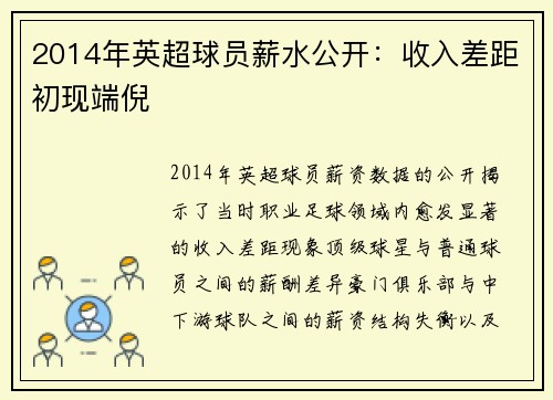 2014年英超球员薪水公开：收入差距初现端倪